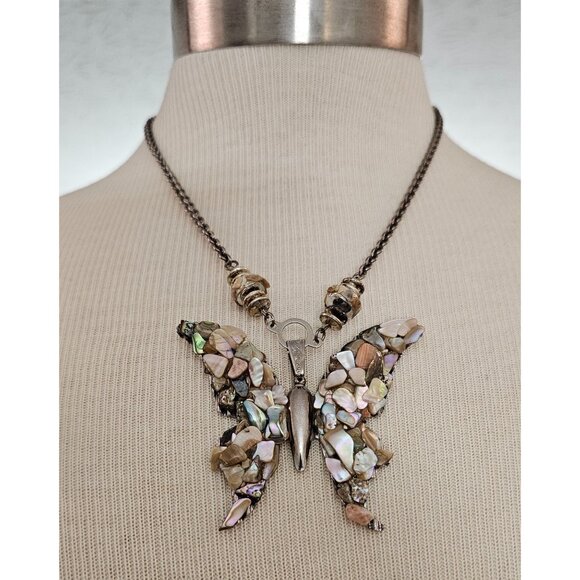 Miriam Haskell Shell Butterfly Pendant Silver Tone Chain Necklace Signed C860